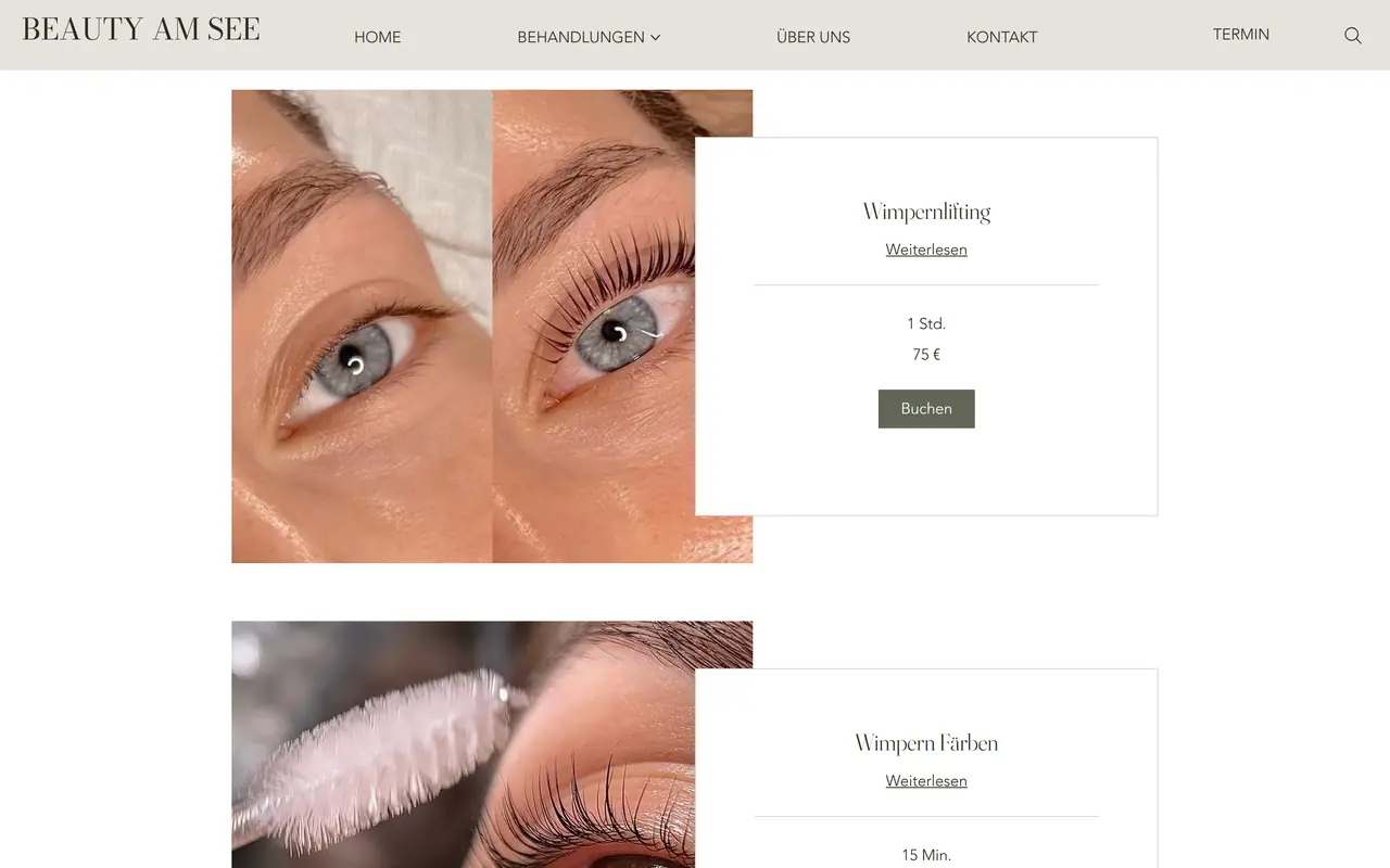 Behandlungsseite von Beauty am See mit Dauer, Preis und Buchungsknopf