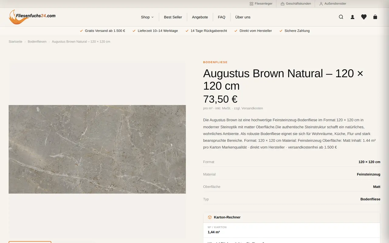 Produktseite mit Kartonrechner